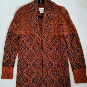 Country Door Dk orange & gray patterned shawl collared cardigan sweater, size M